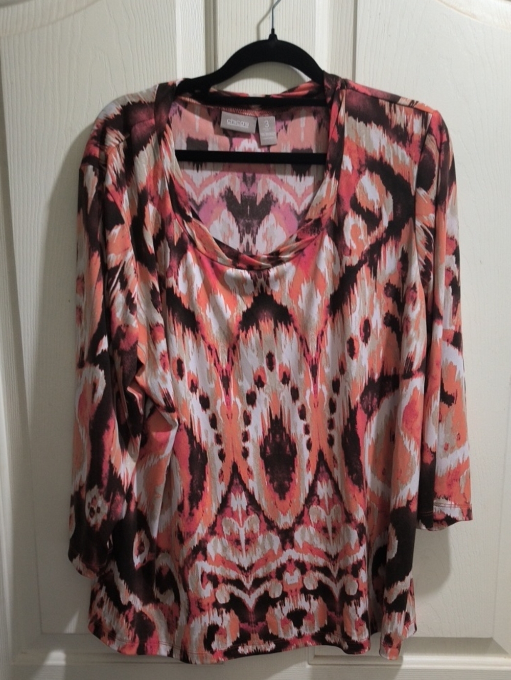 Chico's Coral Pink and Brown Ikat Long Sleeve Top - Picture 1 of 3